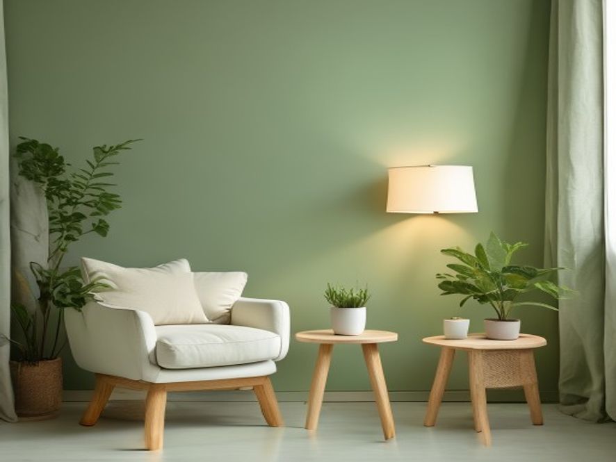 Minimalist home corner with cushioned chair, small table, potted plant, and soft natural light