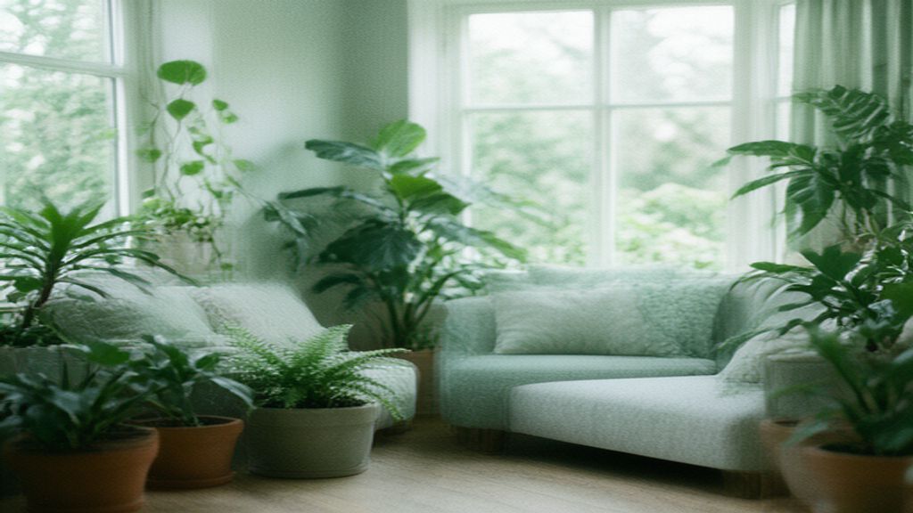 Quiet indoor garden nook with potted plants, natural light, and comfortable seating