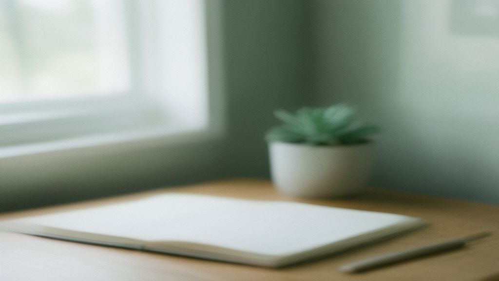 Serene office corner with soft window light, succulent plant, and open journal